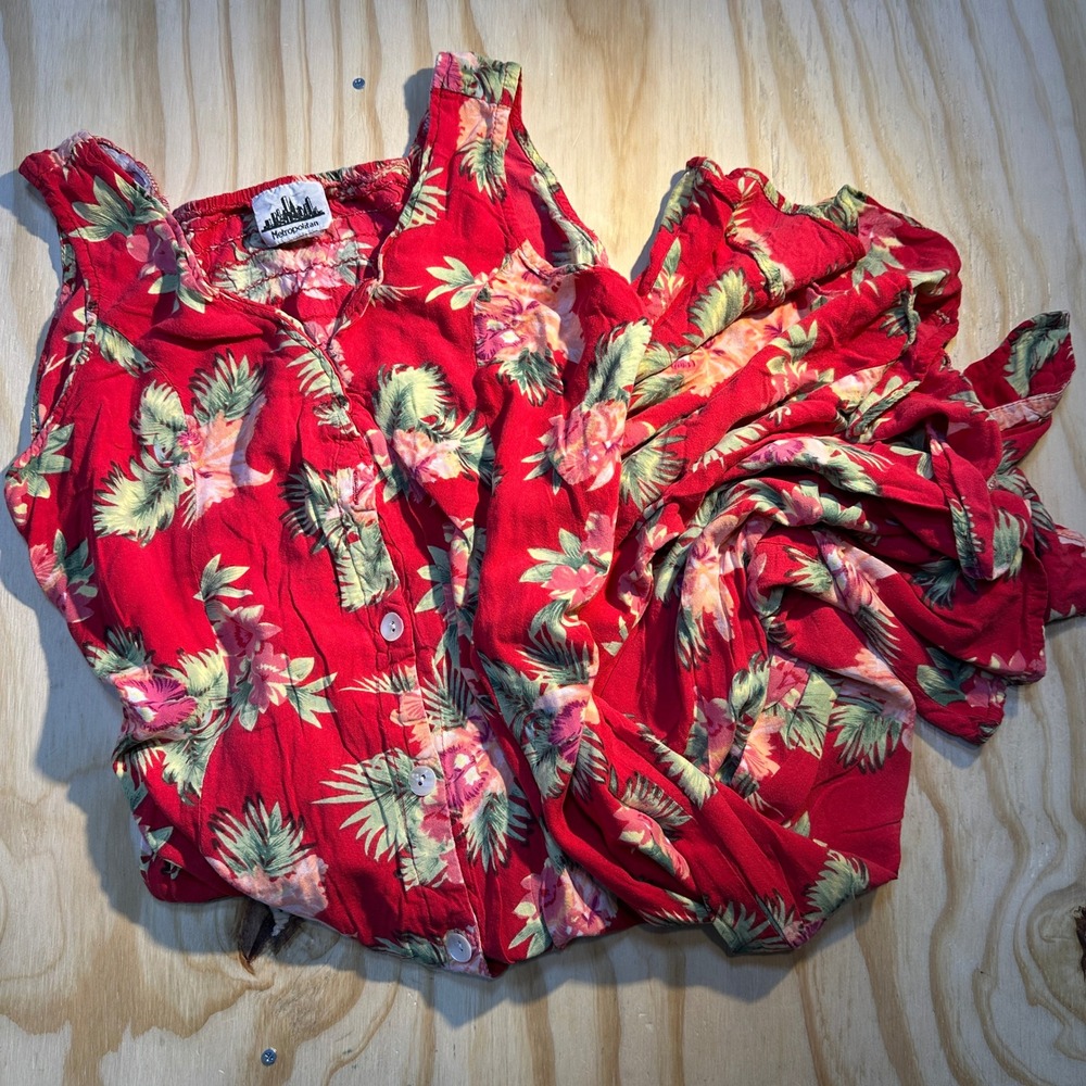 Metropolitan Womens Red Tropical Floral Smocked Button Front Maxi Dress L